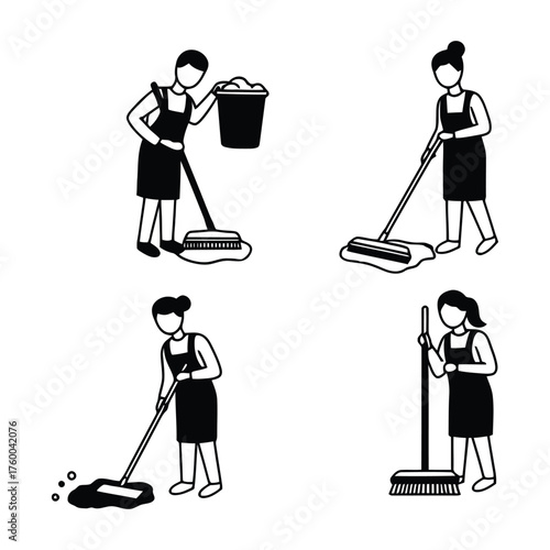 Diverse Cleaning Personnel Actively Engaged in Floor Care and Maintenance Tasks