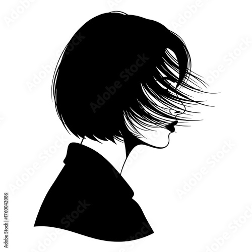 Silhouette of young asian female profile with short windswept hair