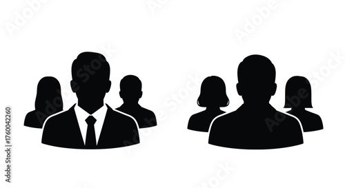 Simple black silhouettes depicting groups of people possibly business professionals