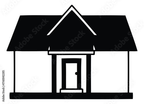 Elegant House Silhouette Icon with Distinctive Gable Roof and Recessed Entry