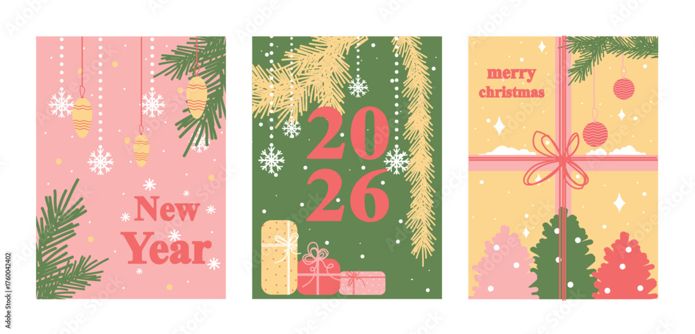 Naklejka premium A set of Christmas and New Year greeting cards. Modern Christmas design, typographic design. Minimalistic art banner, poster, cover