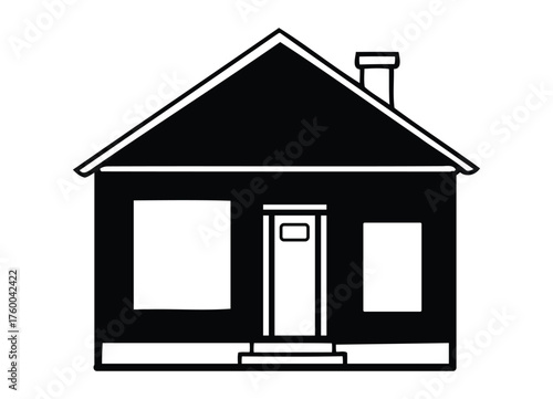 Classic Single Story Home Outline with Chimney and Welcoming Front Door