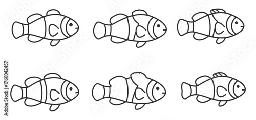 Group of Striped Tropical Fish Outline Drawings for Underwater Theme Designs