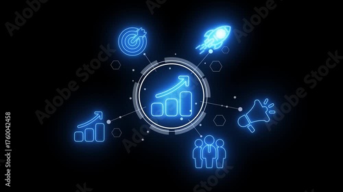 Wallpaper Mural Neon blue growth chart icon with connected business and startup symbols on black background graph bar chart Torontodigital.ca