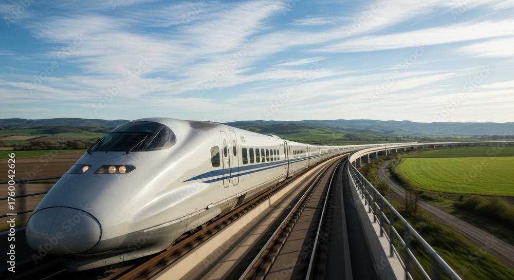 Obraz premium High-speed train on elevated railway in scenic countryside for transportation and travel design