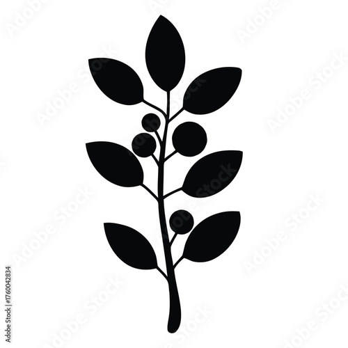 Striking Botanical Leafy Branch with Berries Solid Black Silhouette Art