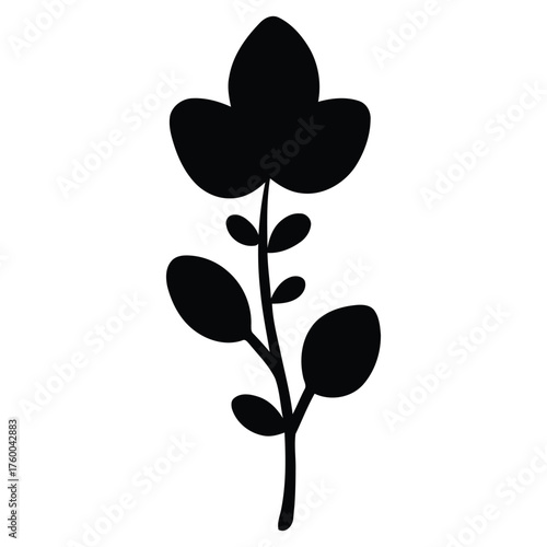 Minimalist Botanical Plant Branch with Smooth Leaves Solid Black Silhouette