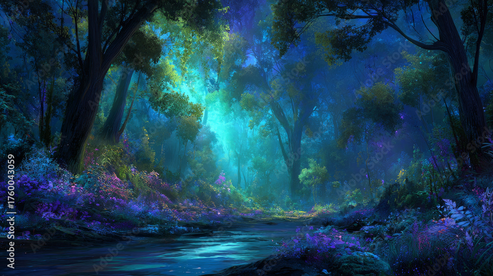 Obraz premium Enchanted forest illuminated by moonlight with glowing flora, dreamy fantasy night landscape