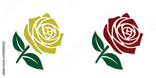 Elegant vector icons of a stylized rose on a stem, featuring contrasting color palettes of light green/yellow and rich maroon/dark red, perfect for greeting cards, romance, or beauty themes.