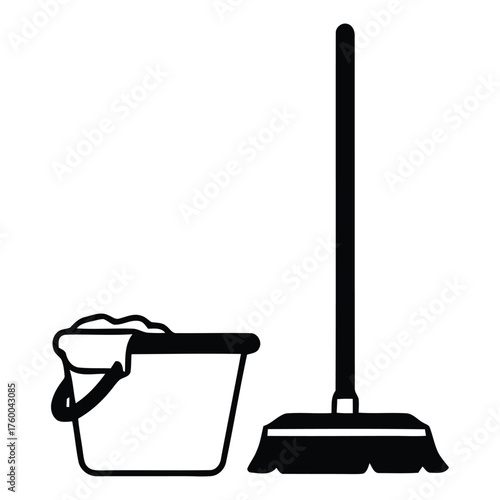 Household Cleaning Supplies Black Silhouette Brush and Outline Bucket Graphic