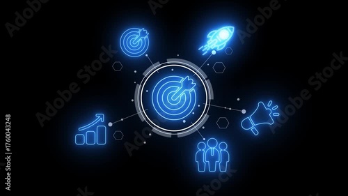 Wallpaper Mural Digital marketing strategy with glowing neon target icon at center on black background dart bullseye Torontodigital.ca