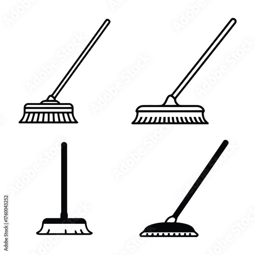 Assorted Cleaning Broom and Brush Line Art and Silhouette Icon Set