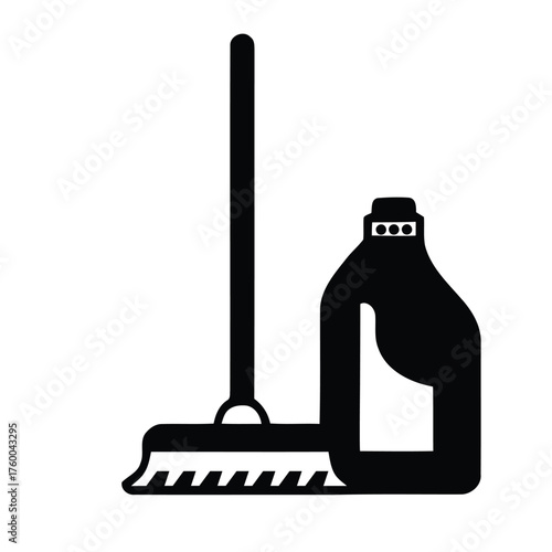 Household Cleaning Tools Mop and Liquid Bottle Silhouette Graphic