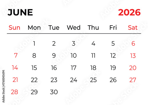 June 2027 Monthly Calendar Template with Clean Red and White Layout