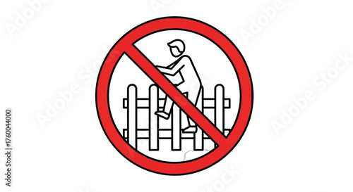 Prohibition Sign Depicting Person Illegally Climbing Over Fence on Black Background