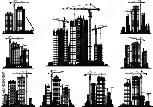 Urban construction silhouettes, high-rise buildings, tower cranes, city development, progress, skyline growth, scaffolding , modern engineering, infrastructure expansion, black vector icons