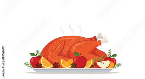 A festive roasted turkey centerpiece with seasonal fruits and spices.