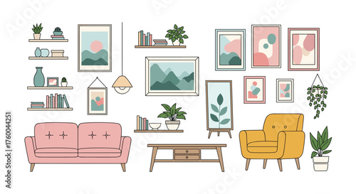 A collection of mid century modern interior design elements.