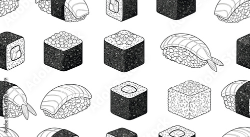 A textured pattern featuring an assortment of Japanese sushi and nigiri.