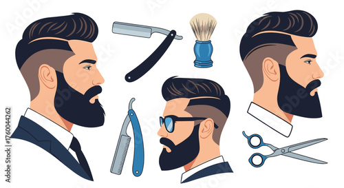 Stylish men with beards and grooming tools.
