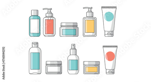 Collection of beauty and skincare products arranged in two rows.