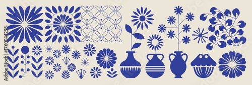 Mid Century Modern Scandinavian Folk Art Floral Patterns and Vases in Blue and Beige vector illustration