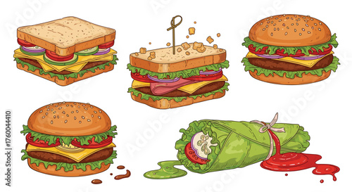 Delicious sandwiches burgers and wraps ready to eat.