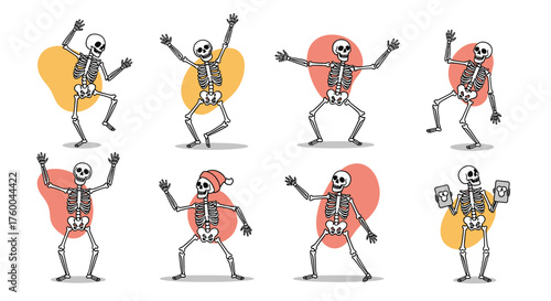 Dancing skeletons in fun poses with abstract shapes.