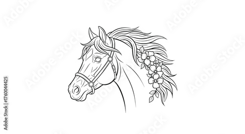 A detailed line drawing of a horse's head with flowing mane and bridle.