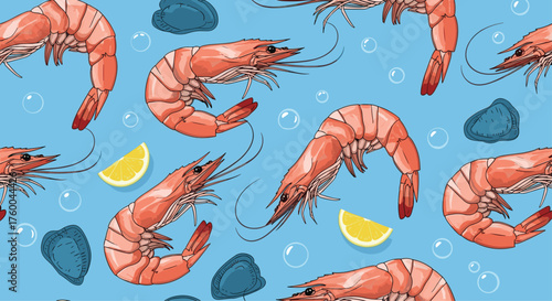 Pattern of shrimp and lemon slices on a blue background.