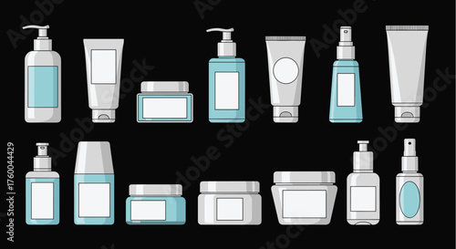 A collection of skincare product bottles and jars.