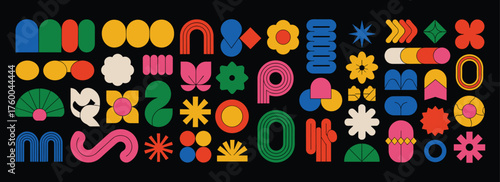 Vibrant Geometric Shapes and Abstract Forms in Various Colors on Black Background colorful