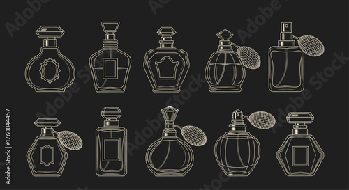 A collection of elegant perfume bottles in vintage style outline.