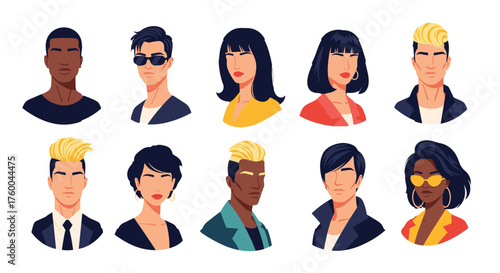 Diverse group of ten stylized human head portraits in a cartoonish art style.