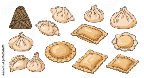 A collection of various filled dough dumplings and pasta shapes.