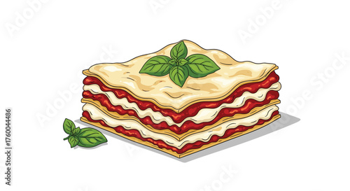 A delicious slice of homemade lasagna with fresh basil.