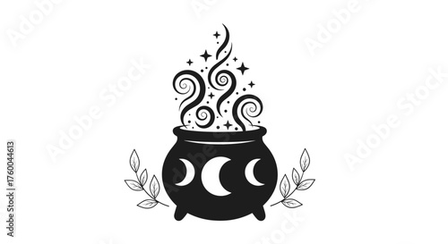 A magical cauldron with swirling steam and stars above.