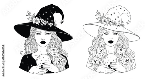 Two witches holding pumpkins with decorative hats adorned with flowers and stars.