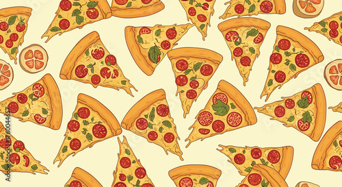 A delicious pattern of pepperoni pizza slices with basil and tomato.