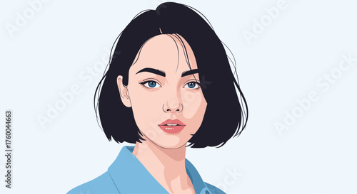 A close up pixel art portrait of a young woman with short black hair.