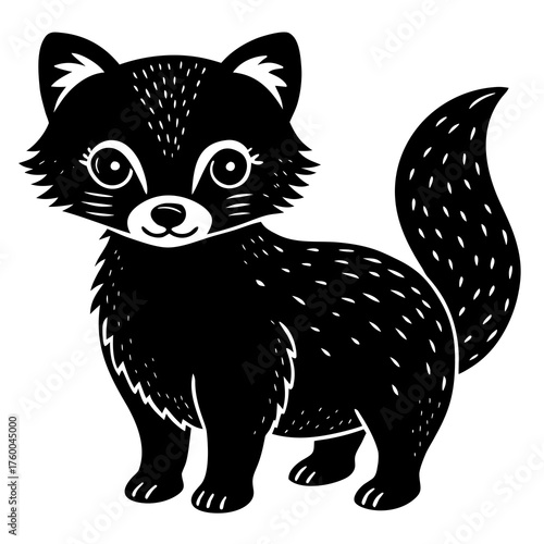 Cute black fox standing with fluffy tail silhouette
