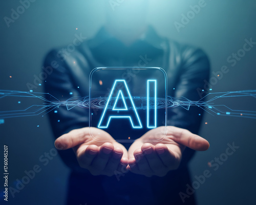Empowering innovation with AI technology, a futuristic vision of artificial intelligence held in open hands, showcasing digital transformation and the evolution of modern tech solutions