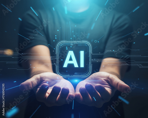 Harness the power of AI with this stunning graphic showcasing hands presenting advanced artificial intelligence, perfect for illustrating cutting edge technology and futuristic innovation concepts