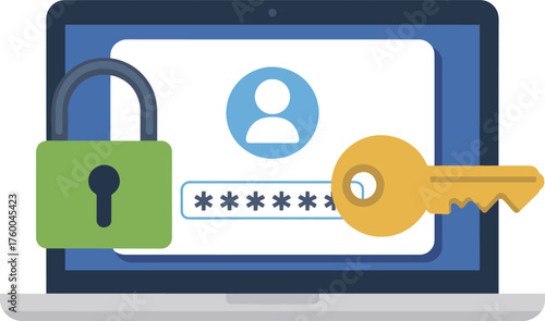 Laptop with Padlock and Key | Secure Login Vector Graphic for Cybersecurity, Data Protection, and Online Privacy