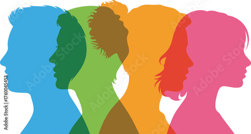 Diverse Silhouettes of People of Different Colors in Profile | Group of colorful human heads for social inclusion, diversity and teamwork concepts