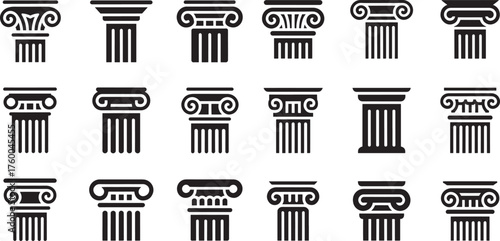 Classic Architectural Column Icon Set | Black and White Pillar Graphics for Design Elements, Historical and Educational Resources