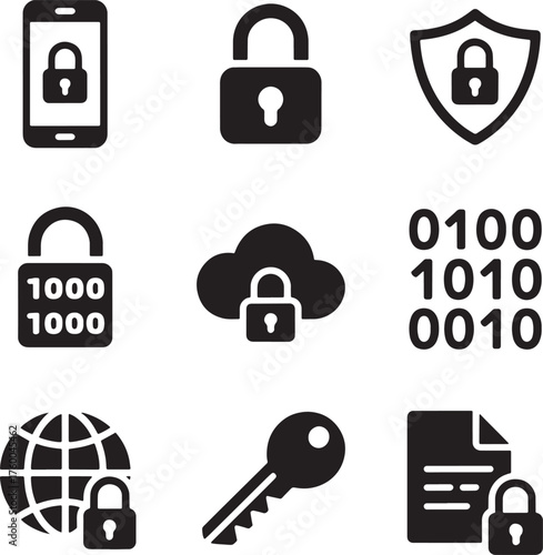 Security Icons Set - Padlocks, Mobile Security, Cloud Protection, Internet Safety for IT and Cybersecurity Designs