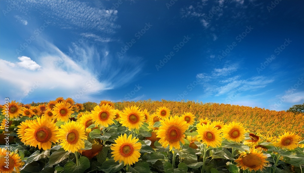 Obraz premium Blue Sky Backdrop With Bright Yellow Sunflowers