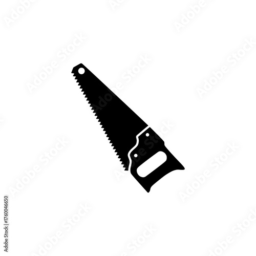 A black silhouette icon of a handsaw, a manual cutting tool for carpentry, isolated on a white background.