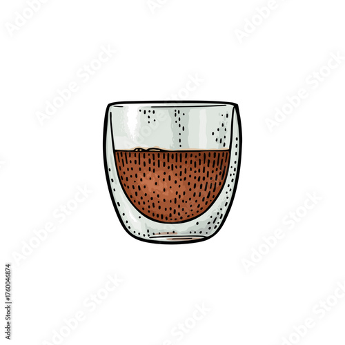 Glass cup coffee. Vintage color vector engraving illustration for label, web, poster. Hand drawn sketch style isolated on white background